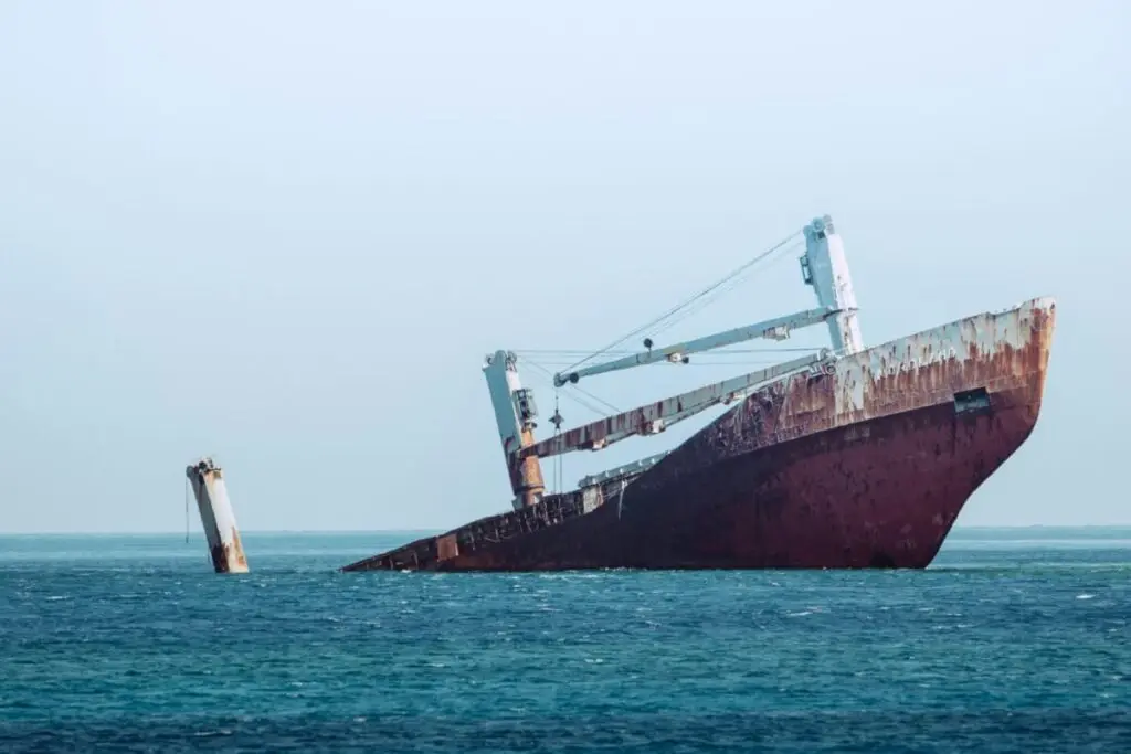 A sinking tanker ship in a large body of water.